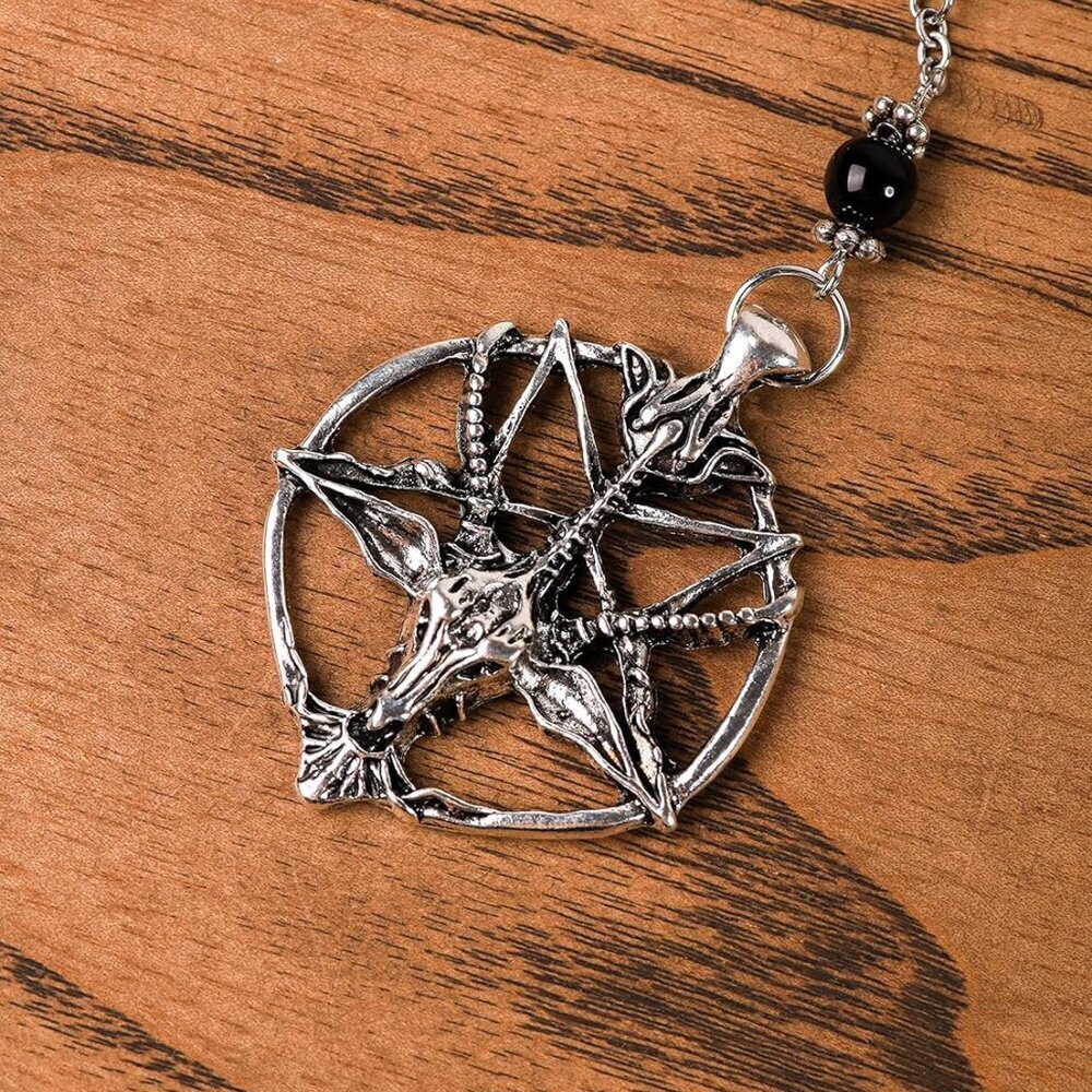Gothic Baphomet Necklace Zinc Chain Long Bead Rosary Halloween Christmas Gift - Picture 8 of 8